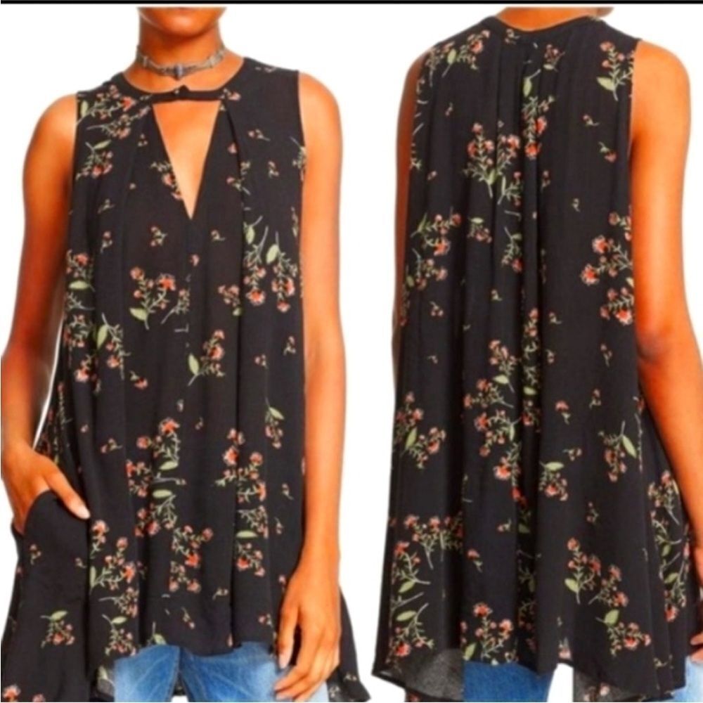 FREE PEOPLE | Tree Swing Floral Black Sleeveless Top Cutout Women’s Size Small